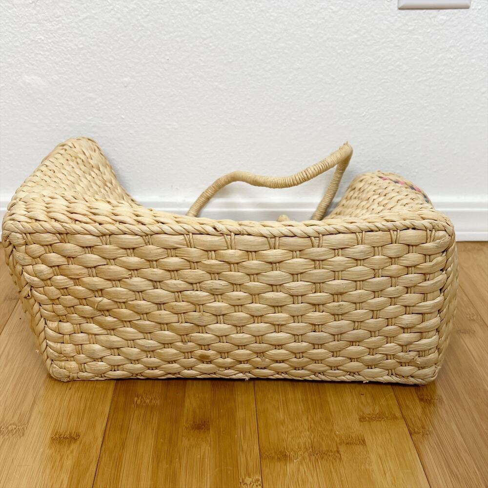 Vintage Woven Straw Tote Bag Boho Market Basket Painted Tribal Aztec Detail - Picture 7 of 11